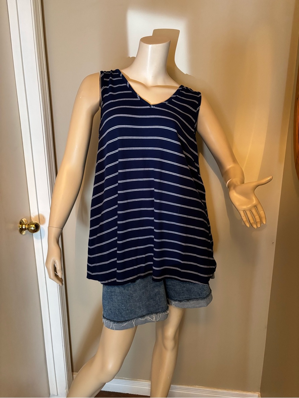 Michel Studio Navy and White Striped V-Notch Tank